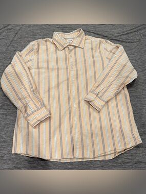 Hamilton Striped Long-Sleeve Button-Up Oxford Shirt in Peach and Blue